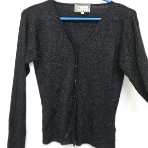 Monsoon Sz 12 Vintage 90s Y2K Black Glitter Tread Knit Open Cardigan Sweater